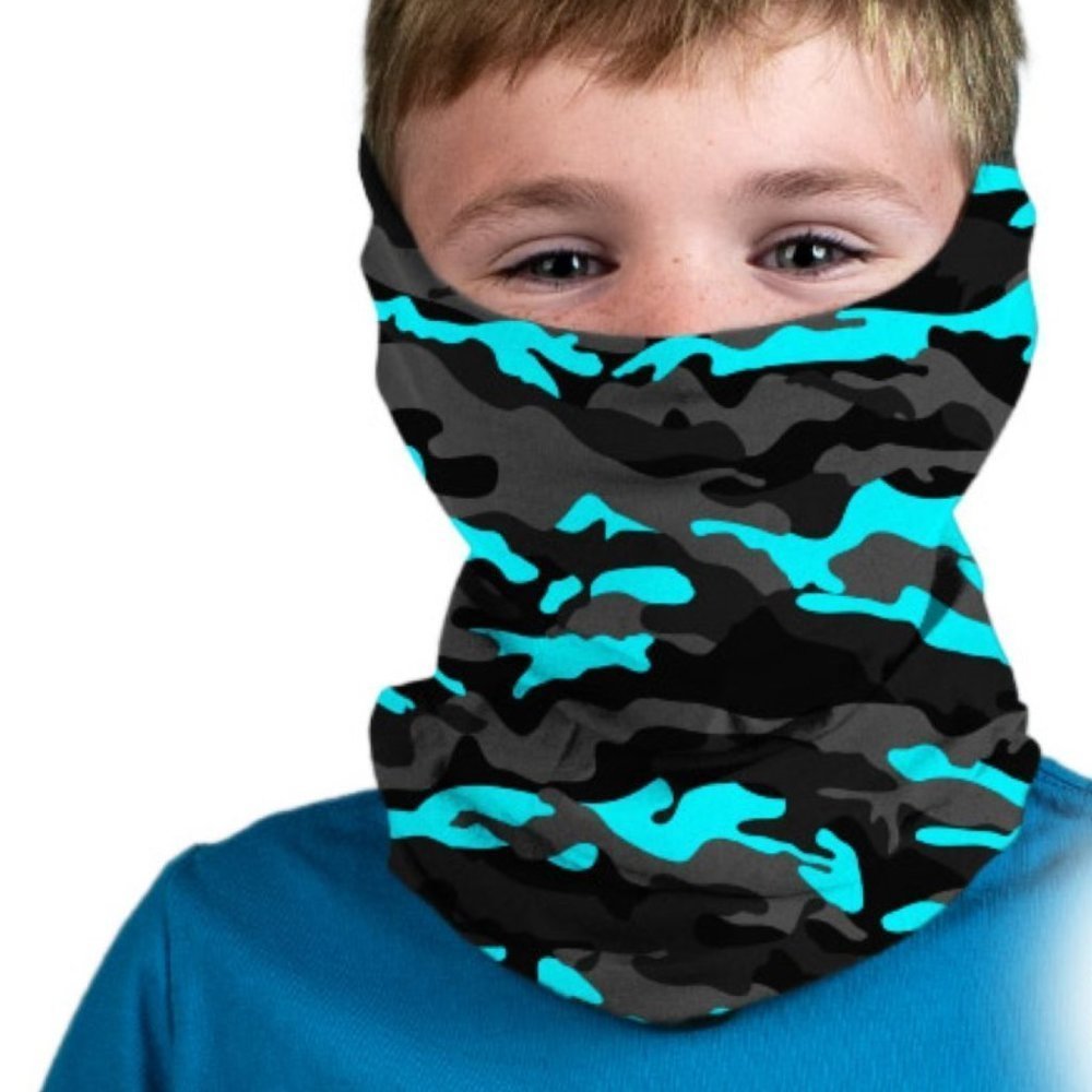 Kids Neck Wrap Gaiter Face Shield Mask Aqua Camo Headband Microfiber UPF30